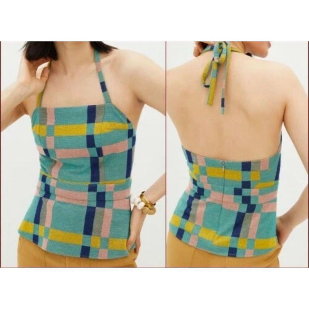 Eva Franco Anthropologie Mod Plaid halter top S graphic MCM 1960s